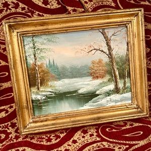 Winter landscape oil painting late Romantic style Vintage